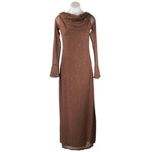 Women's Brown Splatter Long Bell Sleeve Mesh Cowl Evening Gown Maxi Dress Size L